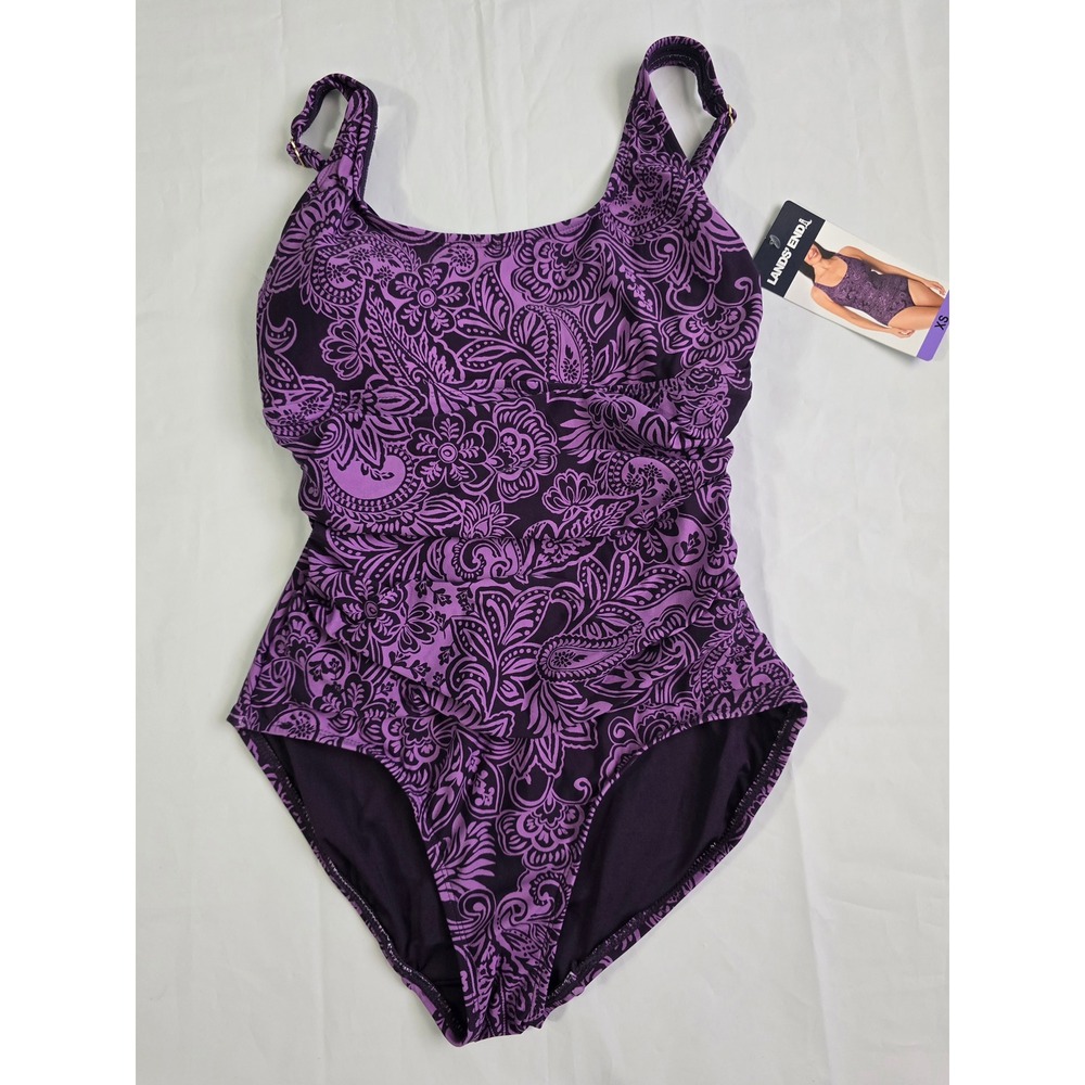 LandsEnd Purple Paisley One Piece Swimsuit UPF50 Ruched Hook Back XS 1956311 NWT - Picture 4 of 16